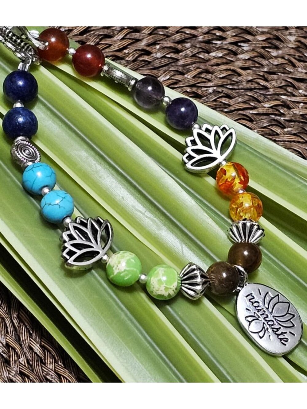 Artisan Hand Crafted Bracelet Namaste Chakras Rainbow Colors Silver Lotus Flower